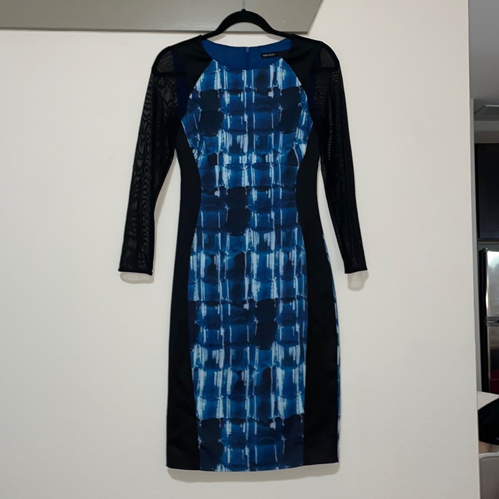Karen Millen Blue Printed Mesh Long Sleeve Dress SZ US 6 EUC